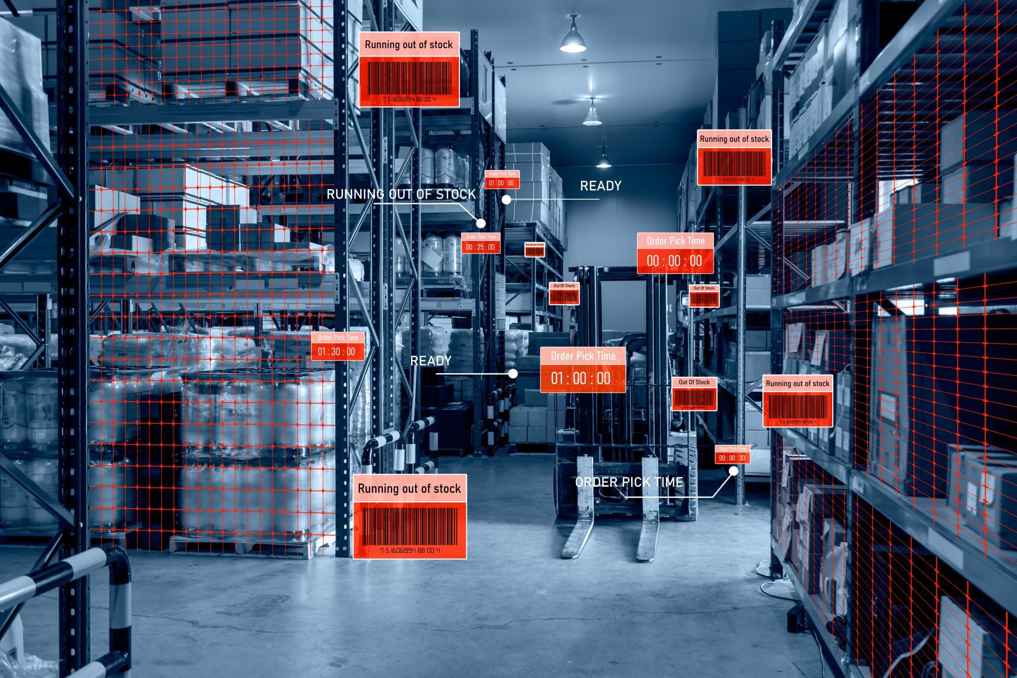 Smart warehouse management system using augmented reality technology to identify package picking and delivery . Future concept of supply chain and logistic business .